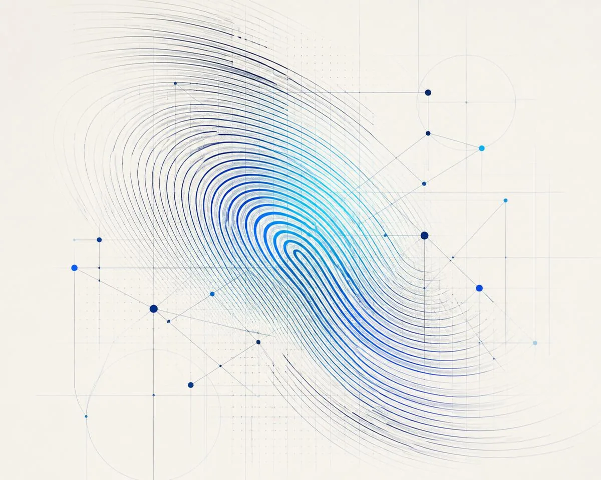 Abstract fingerprint ridge and network diagram representing identity systems
