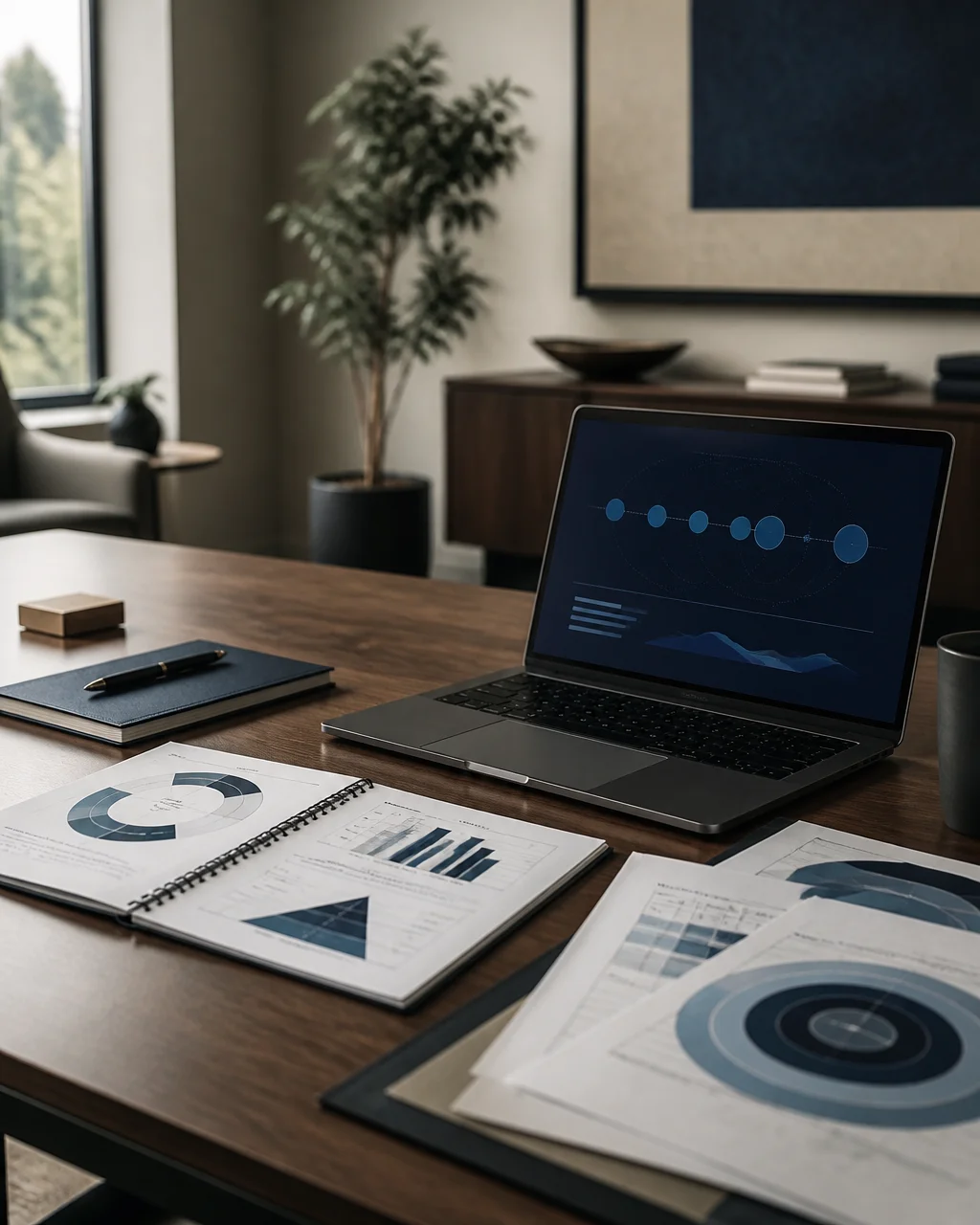 Executive advisory workspace with go-to-market strategy documents and an abstract identity network diagram